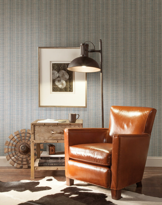 Broken Boucle Stripe Putty & Blue Wallpaper with Bohemian Striped Motif - York SR1517
