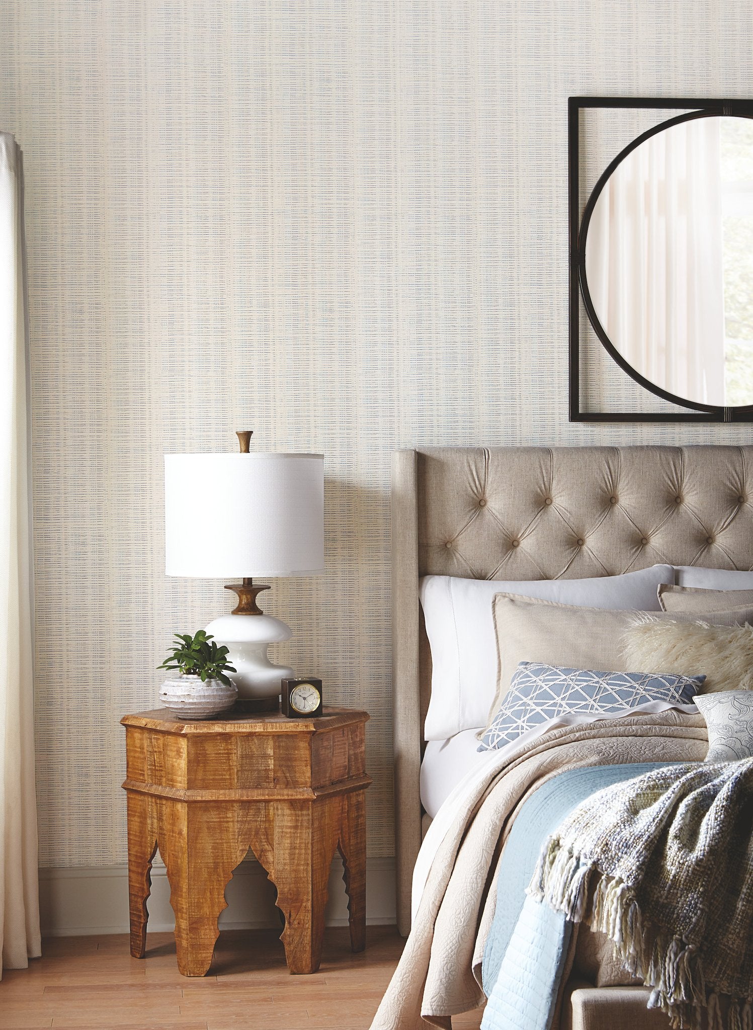 Broken Boucle Stripe Putty & Blue Wallpaper with Bohemian Striped Motif - York SR1517