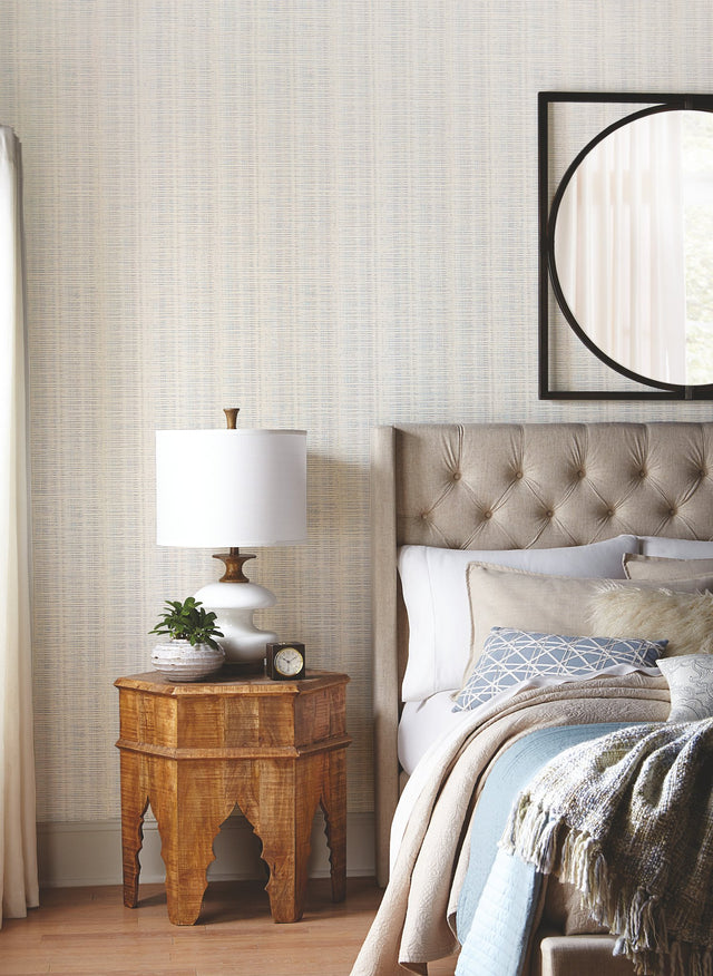 Broken Boucle Stripe Putty & Blue Wallpaper with Bohemian Striped Motif - York SR1517