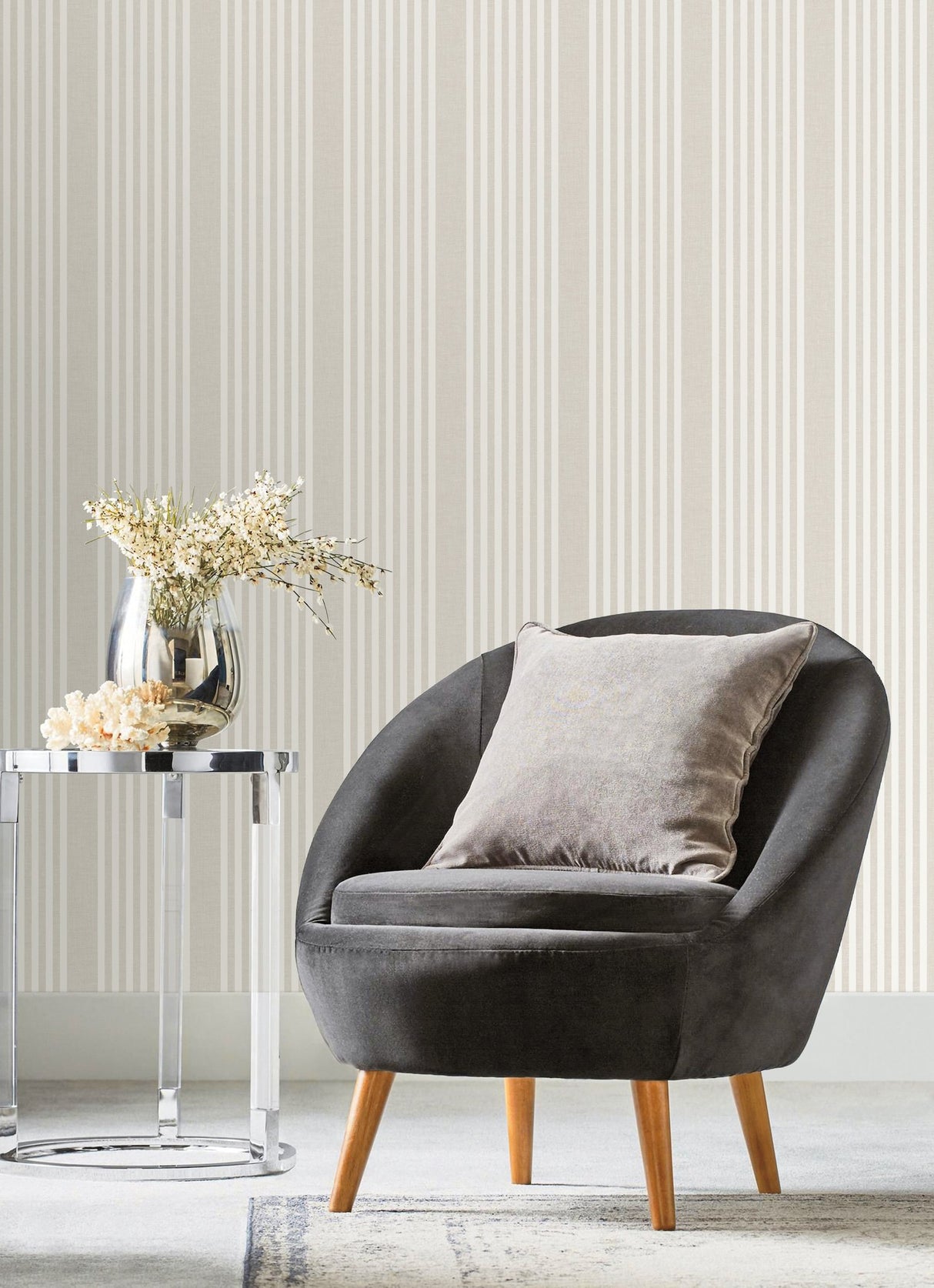 French Linen Stripe Soft Linen Wallpaper with Neutral Linen-Look Vertical Stripes - York SR1581