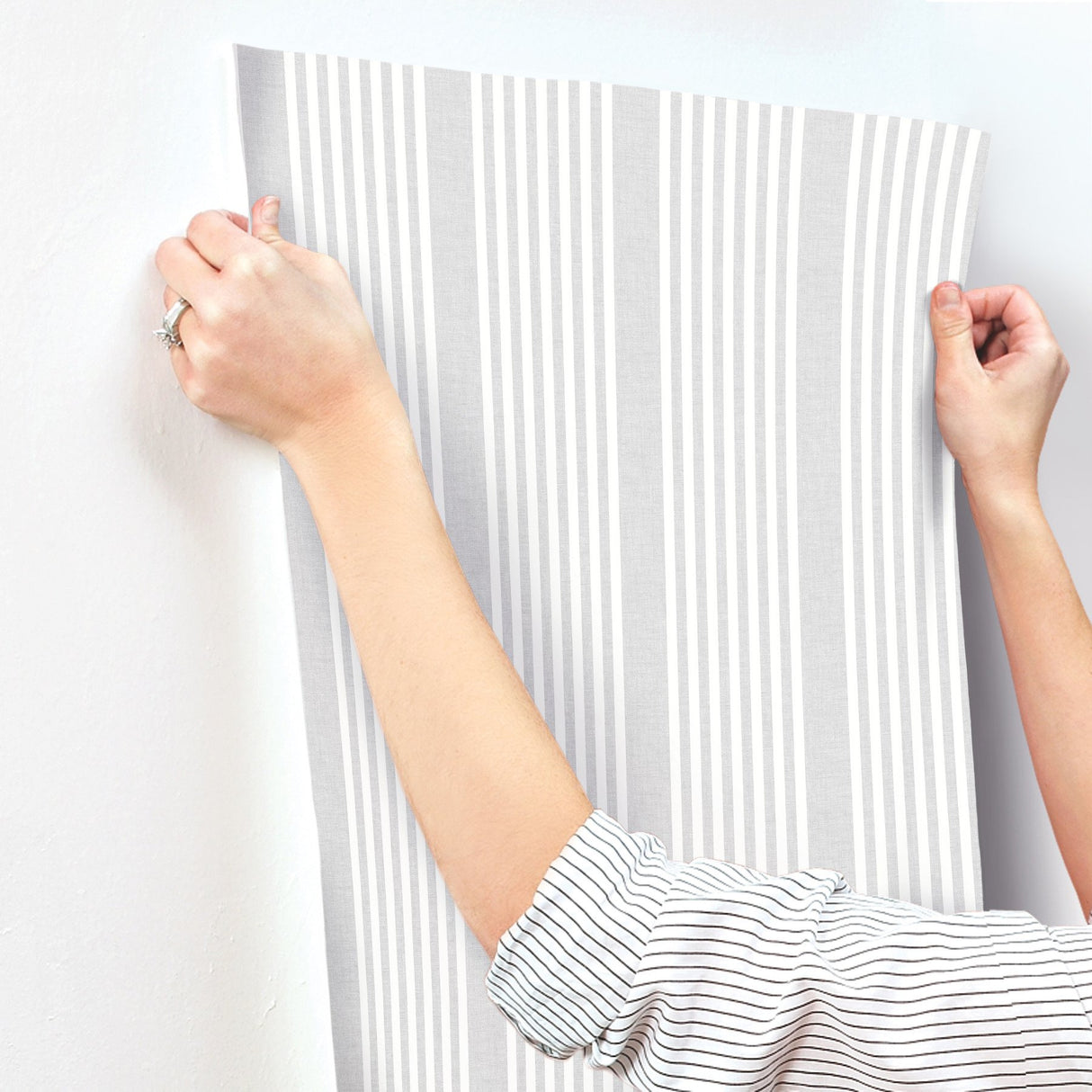 French Linen Stripe Arctic Grey Prepasted Wallpaper with Farmhouse Striped Pattern - York SR1582MH