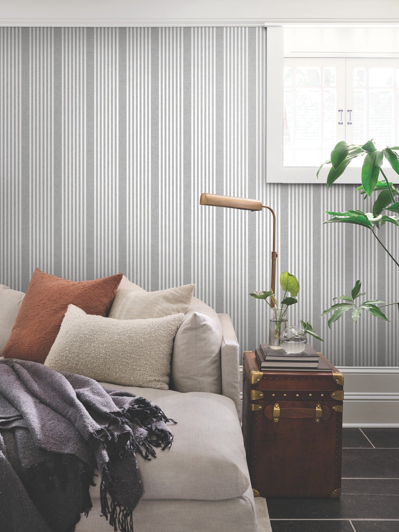 French Charcoal Linen Stripe Wallpaper in Charcoal with Farmhouse Stripes Pattern - York SR1586MH