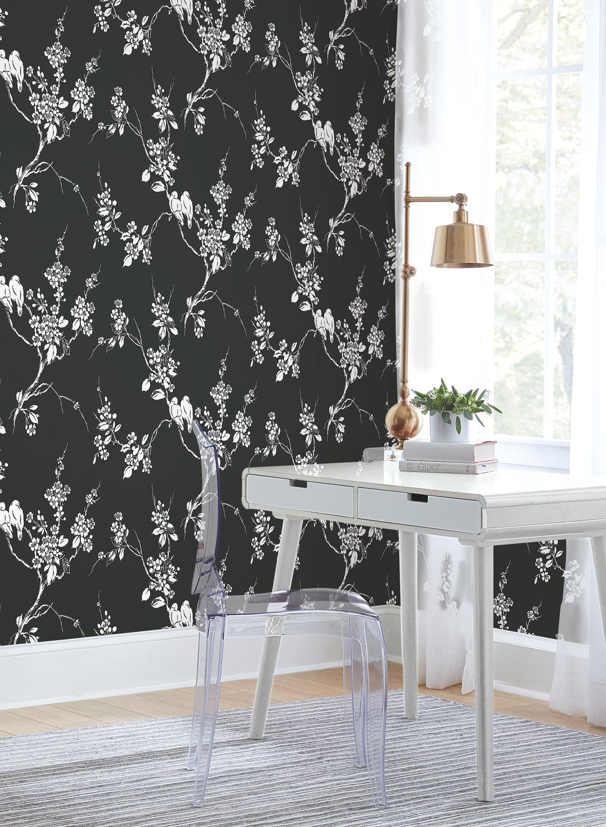 Imperial Blossoms Branch Black & White Wallpaper with Botanical Bird Motif - York SS2589