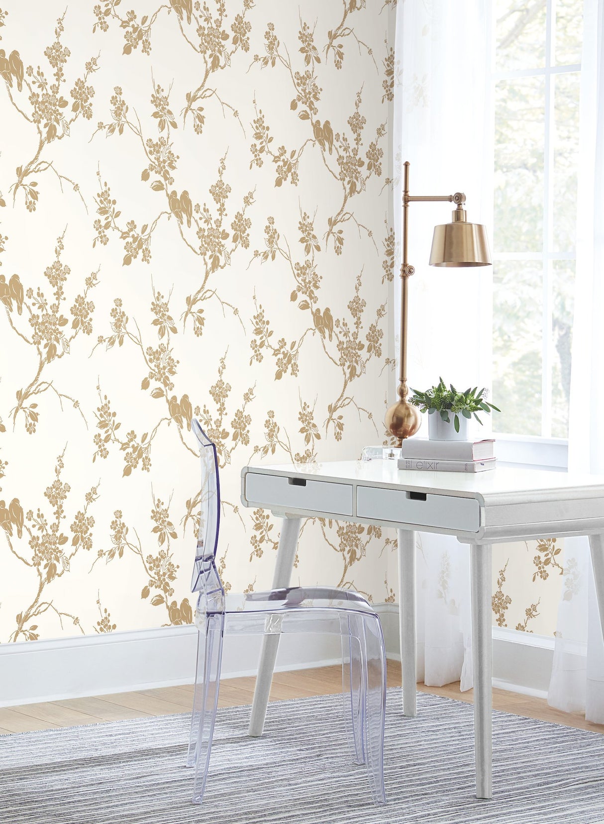 Imperial Blossoms Branch Gold Metallic Wallpaper with Metallic Floral Bird Motif - York SS2590