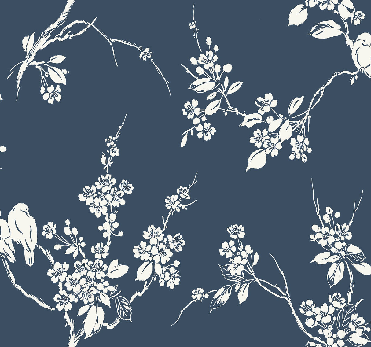 Imperial Blossoms Branch Navy Prepasted Wallpaper with Botanical Bird and Blossom Motif - York SS2592
