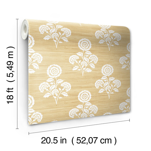 Flourish Block Print Wheat Faux Grasscloth Peel & Stick Wallpaper with Botanical Floral Motif - SSS6308