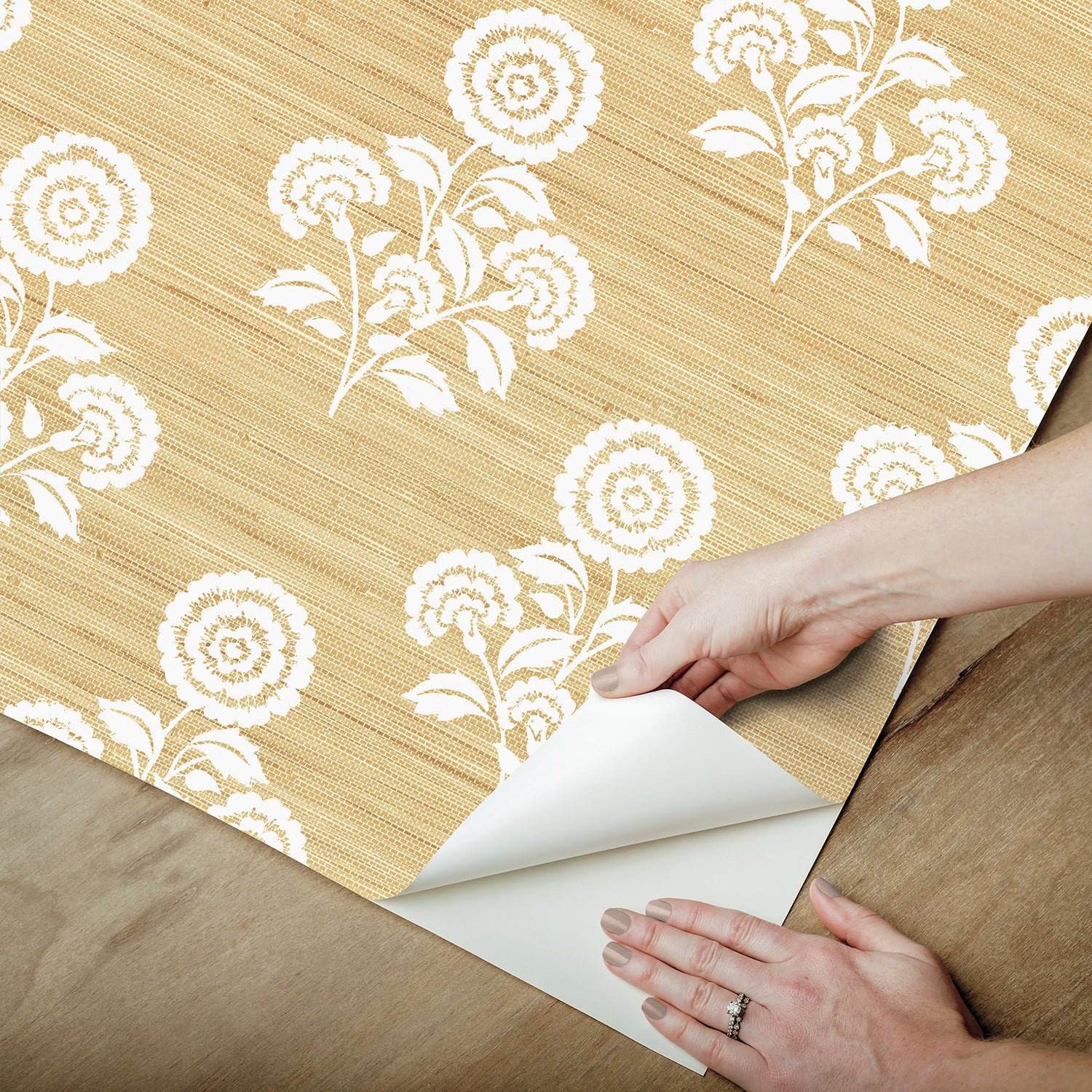 Flourish Block Print Wheat Faux Grasscloth Peel & Stick Wallpaper with Botanical Floral Motif - SSS6308