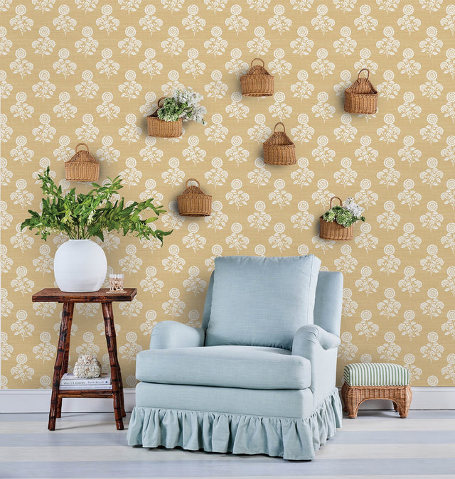 Flourish Block Print Wheat Faux Grasscloth Peel & Stick Wallpaper with Botanical Floral Motif - SSS6308