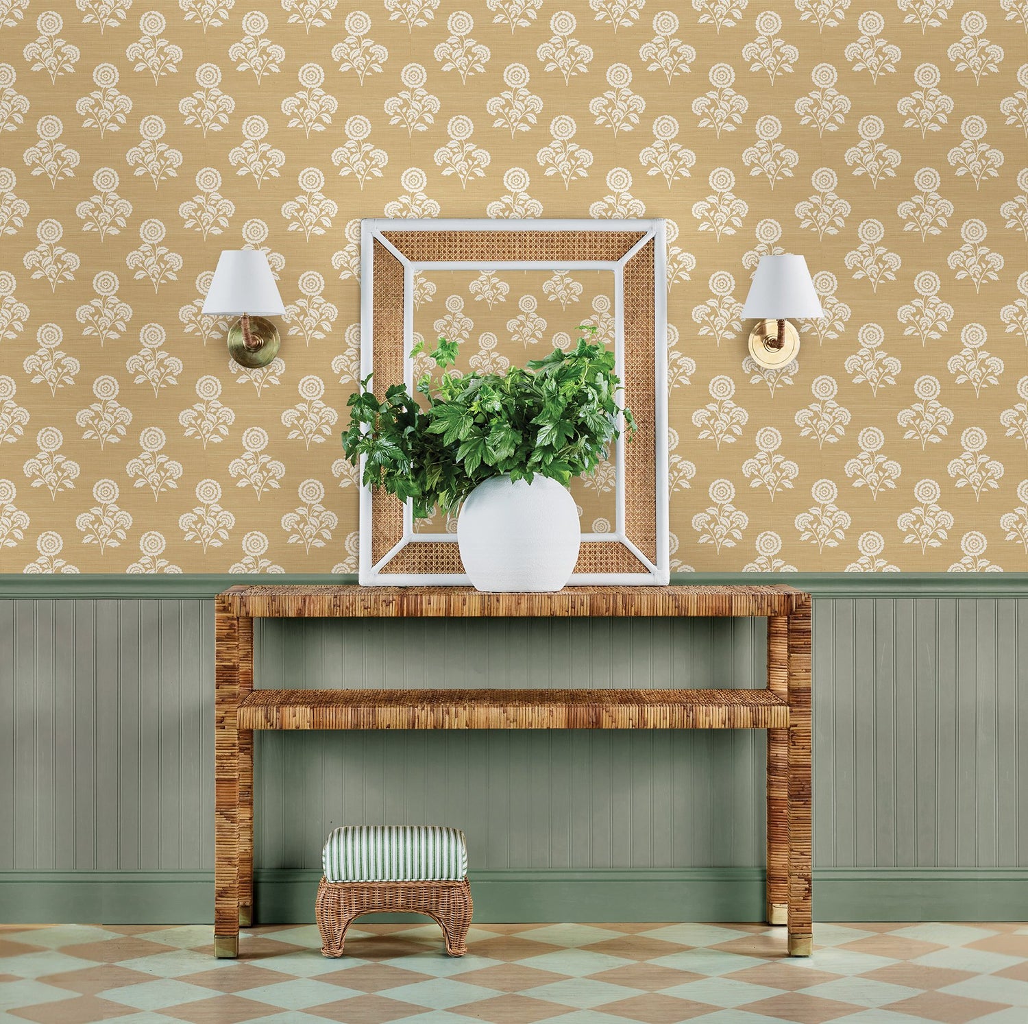 Flourish Block Print Wheat Faux Grasscloth Peel & Stick Wallpaper with Botanical Floral Motif - SSS6308
