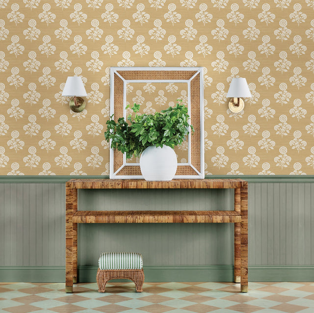 Flourish Block Print Wheat Faux Grasscloth Peel & Stick Wallpaper with Botanical Floral Motif - SSS6308