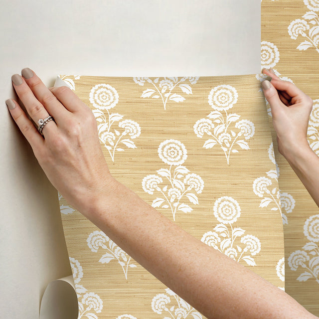 Flourish Block Print Wheat Faux Grasscloth Peel & Stick Wallpaper with Botanical Floral Motif - SSS6308