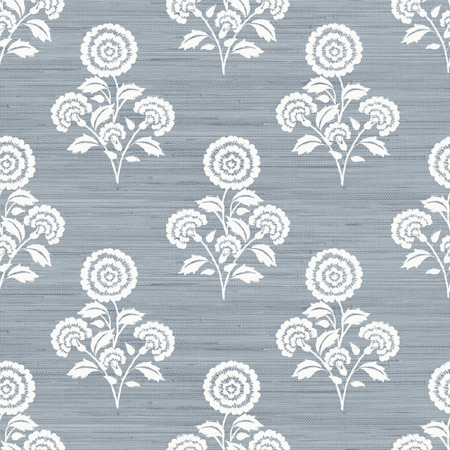 Flourish Block Print Mineral Blue Faux Grasscloth Peel & Stick Wallpaper with Botanical Coastal Motif - SSS6309