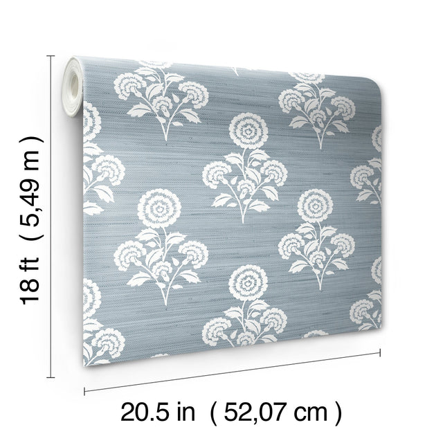 Flourish Block Print Mineral Blue Faux Grasscloth Peel & Stick Wallpaper with Botanical Coastal Motif - SSS6309