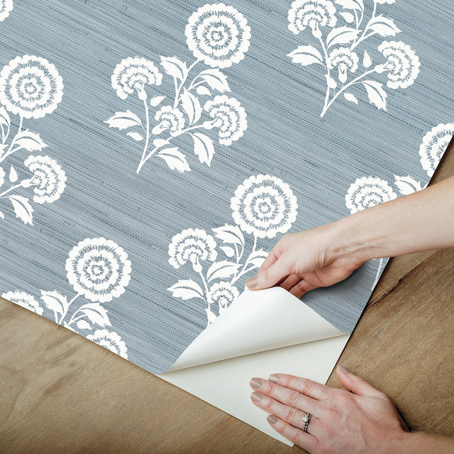 Flourish Block Print Mineral Blue Faux Grasscloth Peel & Stick Wallpaper with Botanical Coastal Motif - SSS6309