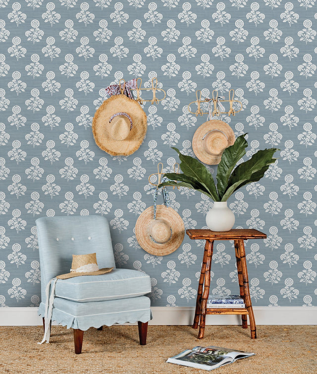 Flourish Block Print Mineral Blue Faux Grasscloth Peel & Stick Wallpaper with Botanical Coastal Motif - SSS6309