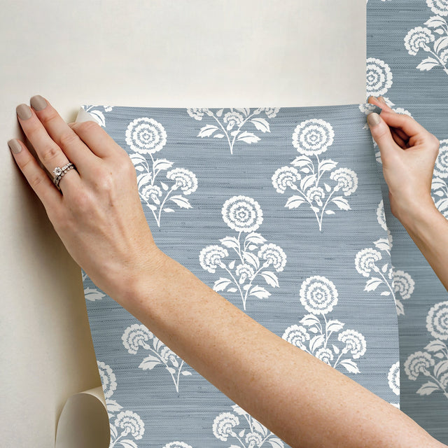 Flourish Block Print Mineral Blue Faux Grasscloth Peel & Stick Wallpaper with Botanical Coastal Motif - SSS6309