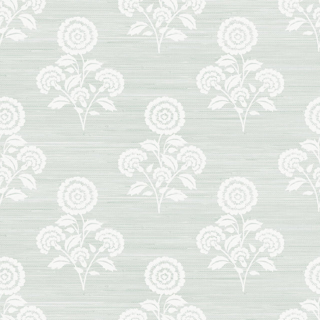 Flourish Block Print Whisper Blue Faux Grasscloth Peel & Stick Wallpaper, Coastal Botanical Pattern - SSS6310