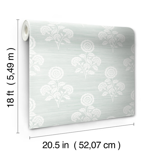 Flourish Block Print Whisper Blue Faux Grasscloth Peel & Stick Wallpaper, Coastal Botanical Pattern - SSS6310