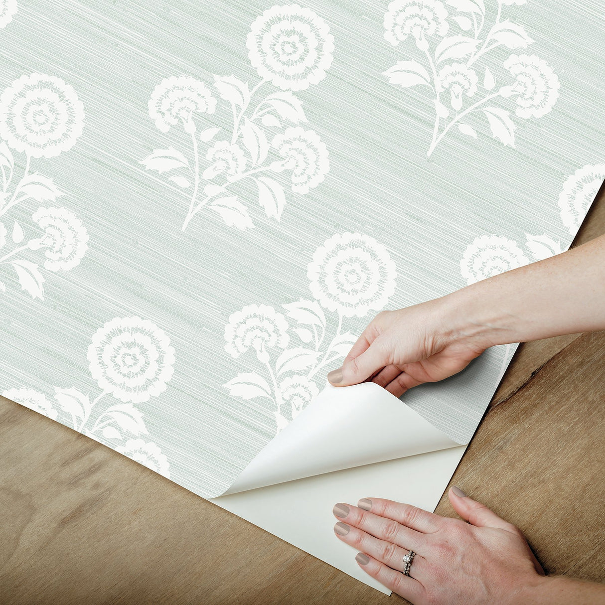 Flourish Block Print Whisper Blue Faux Grasscloth Peel & Stick Wallpaper, Coastal Botanical Pattern - SSS6310