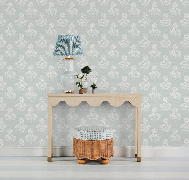 Flourish Block Print Whisper Blue Faux Grasscloth Peel & Stick Wallpaper, Coastal Botanical Pattern - SSS6310