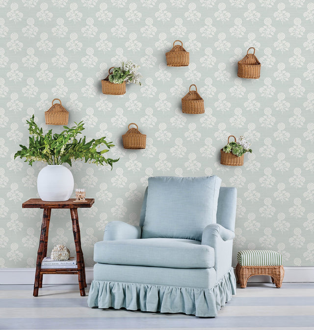 Flourish Block Print Whisper Blue Faux Grasscloth Peel & Stick Wallpaper, Coastal Botanical Pattern - SSS6310