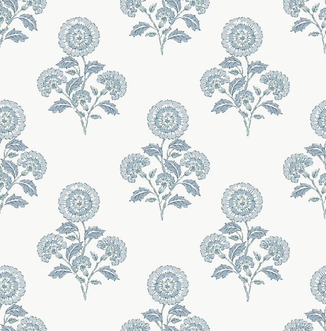 Flourish Block Print Blue on Blue Peel & Stick Wallpaper with Coastal Botanical Floral Motif - SSS6311