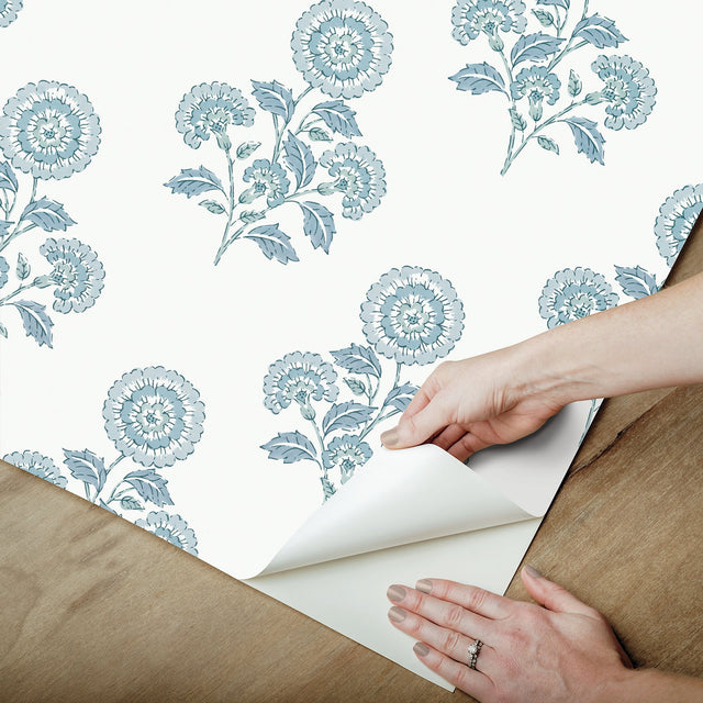 Flourish Block Print Blue on Blue Peel & Stick Wallpaper with Coastal Botanical Floral Motif - SSS6311