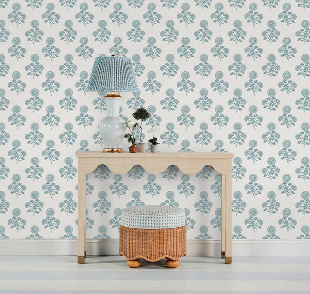 Flourish Block Print Blue on Blue Peel & Stick Wallpaper with Coastal Botanical Floral Motif - SSS6311