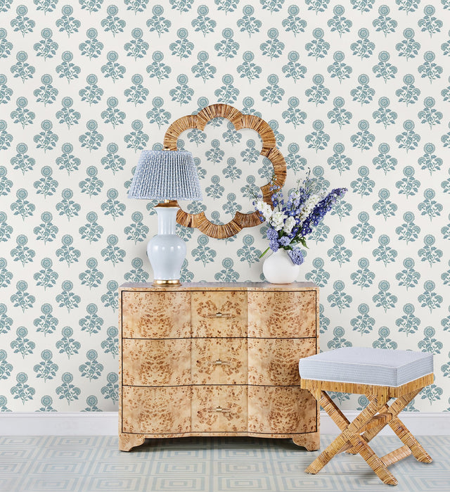 Flourish Block Print Blue on Blue Peel & Stick Wallpaper with Coastal Botanical Floral Motif - SSS6311