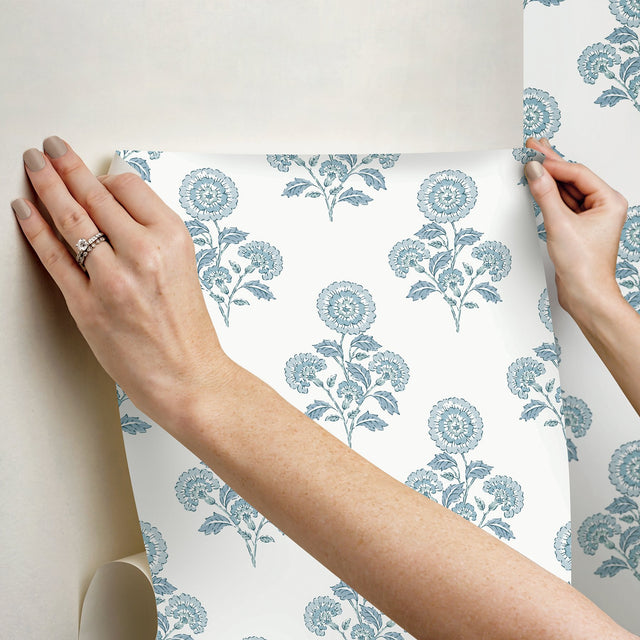Flourish Block Print Blue on Blue Peel & Stick Wallpaper with Coastal Botanical Floral Motif - SSS6311
