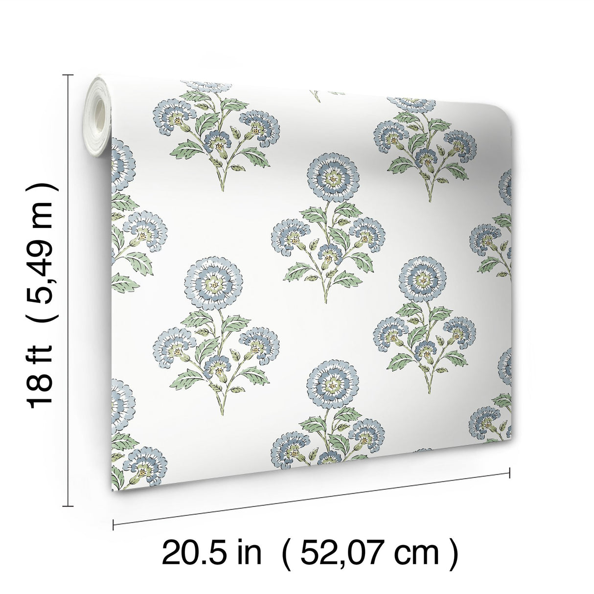 Flourish Block Print Blue & Green Multi Peel & Stick Wallpaper with Botanical Coastal Floral Pattern - SSS6312