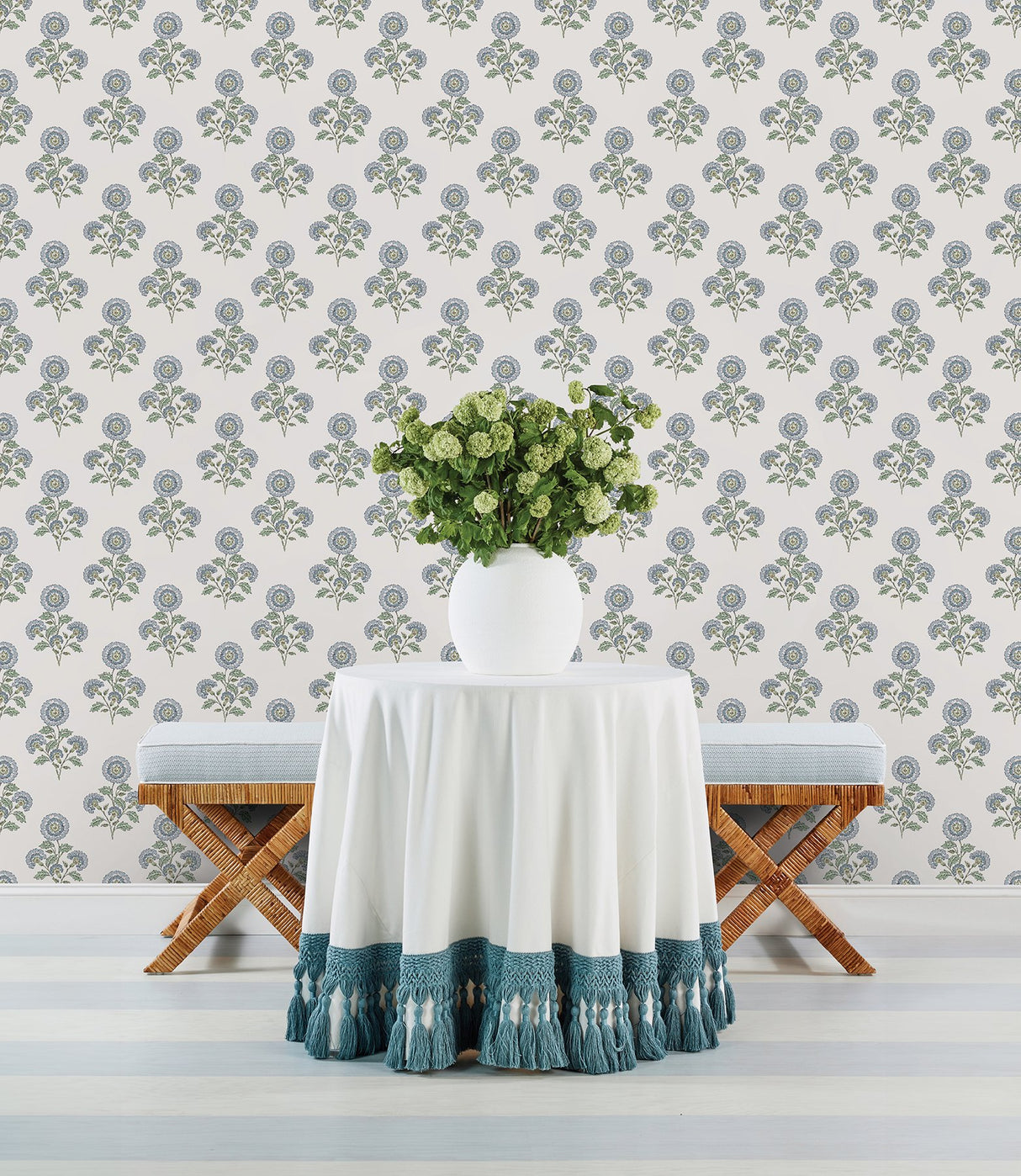 Flourish Block Print Blue & Green Multi Peel & Stick Wallpaper with Botanical Coastal Floral Pattern - SSS6312