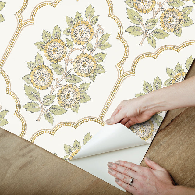 Floral Bazaar Ochre Peel & Stick Wallpaper with Botanical Floral Tile Motif - SSS6313