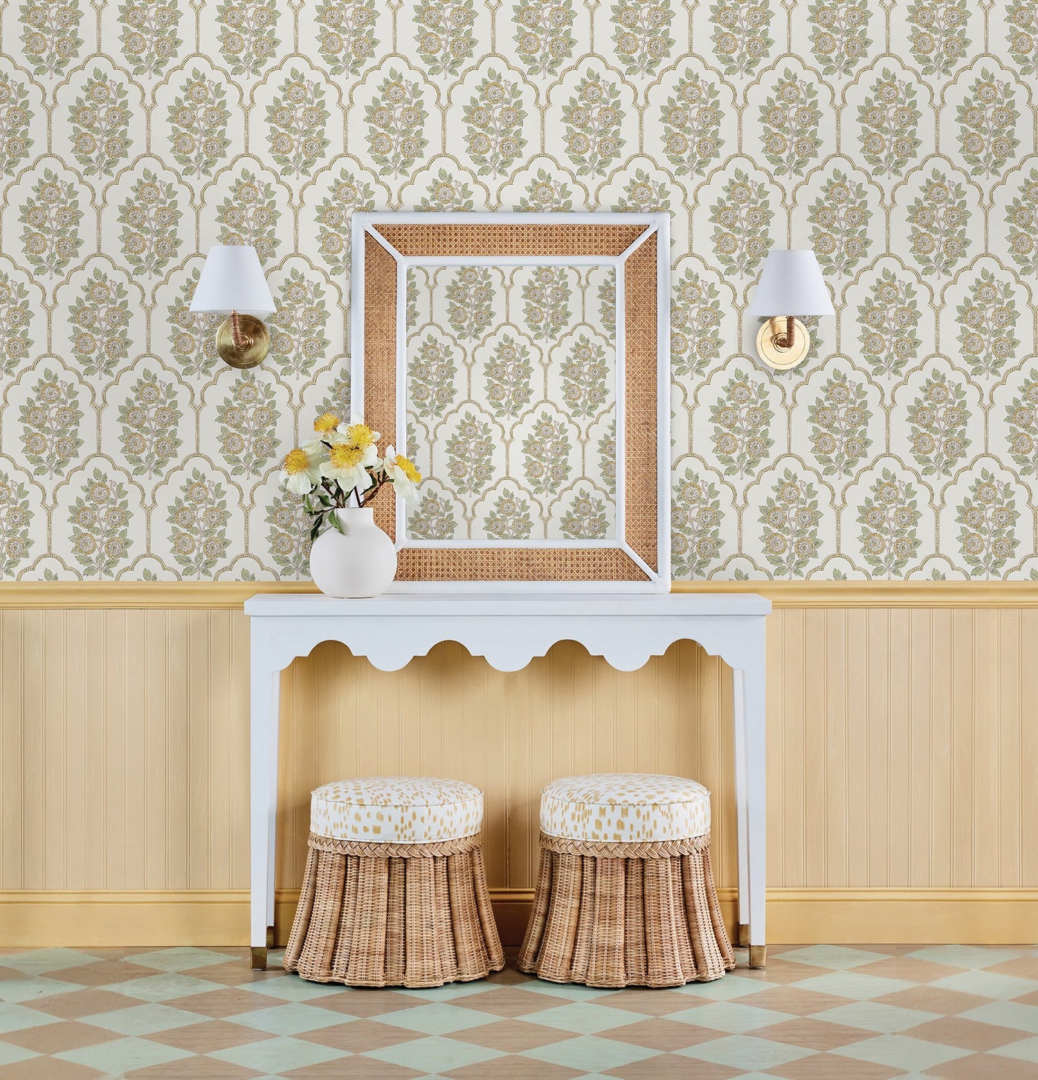 Floral Bazaar Ochre Peel & Stick Wallpaper with Botanical Floral Tile Motif - SSS6313