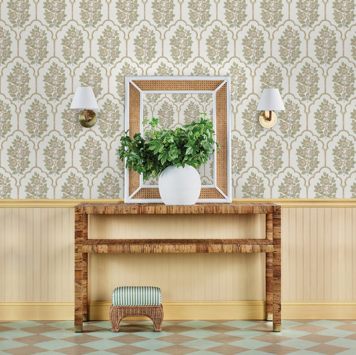 Floral Bazaar Ochre Peel & Stick Wallpaper with Botanical Floral Tile Motif - SSS6313
