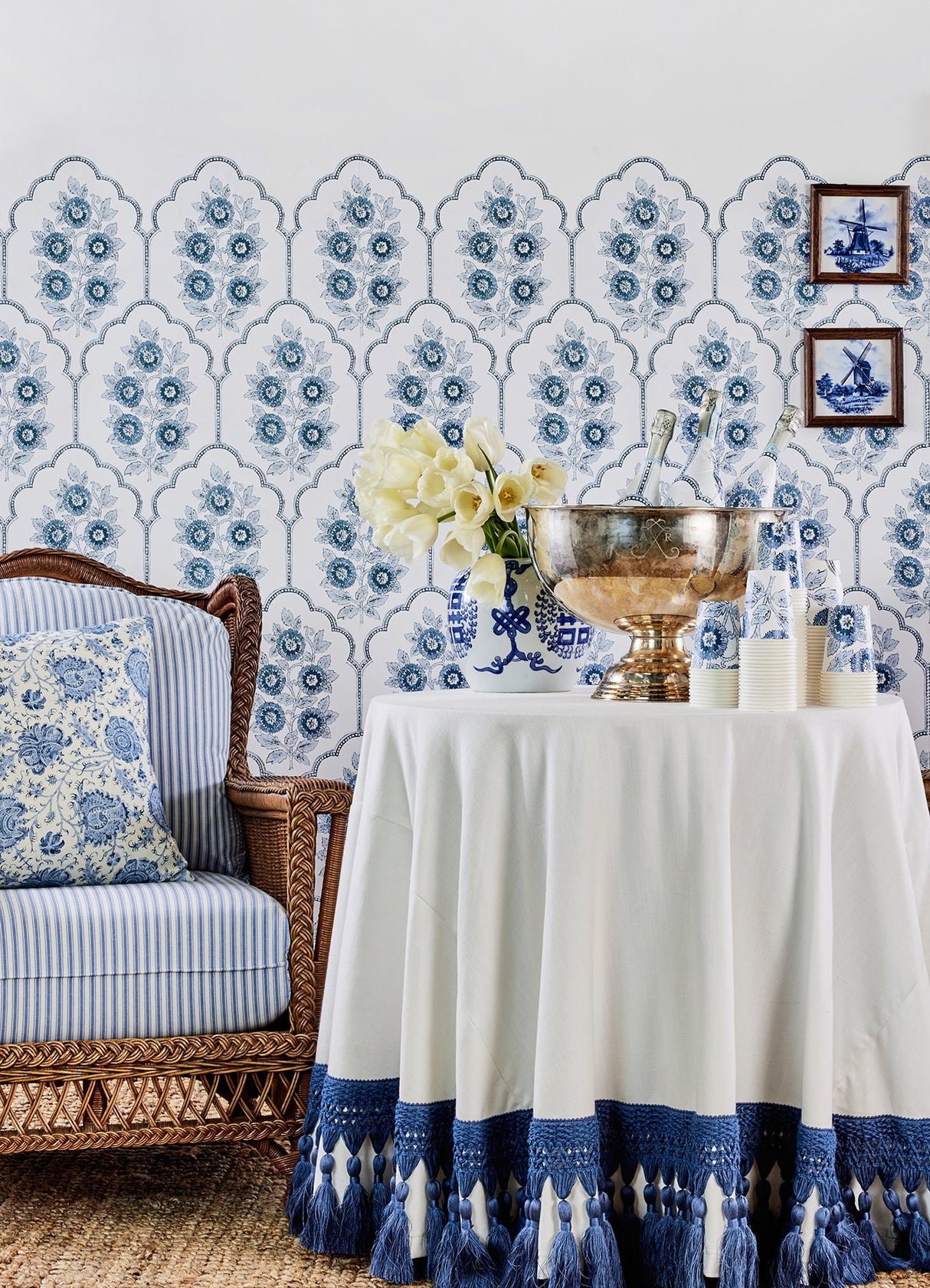Floral Bazaar Delft Blue Peel & Stick Wallpaper with Botanical Coastal Flowers Motif - NuWallpaper SSS6315