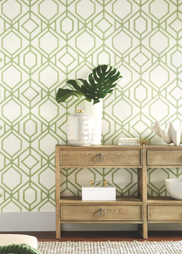 Sawgrass Trellis Green Wallpaper with Geometric Trellis Pattern, Prepasted Sure Strip - York TC2631