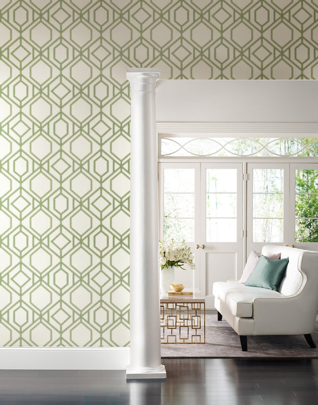 Sawgrass Trellis Green Wallpaper with Geometric Trellis Pattern, Prepasted Sure Strip - York TC2631