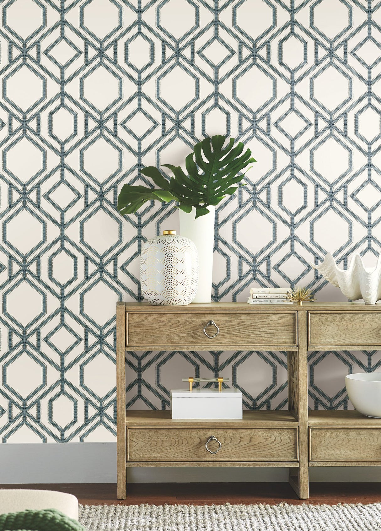 Sawgrass Trellis White & Blue Wallpaper with Geometric Lattice Pattern - York TC2634