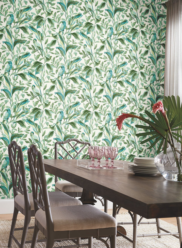 Tropical Love Birds White & Aqua Wallpaper with Botanical Parrot Motif - York TC2654