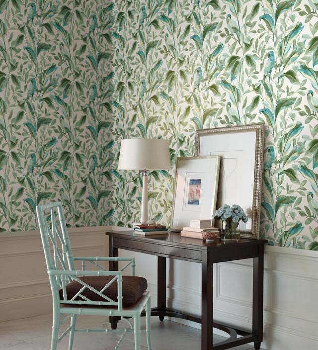 Tropical Love Birds White & Aqua Wallpaper with Botanical Parrot Motif - York TC2654