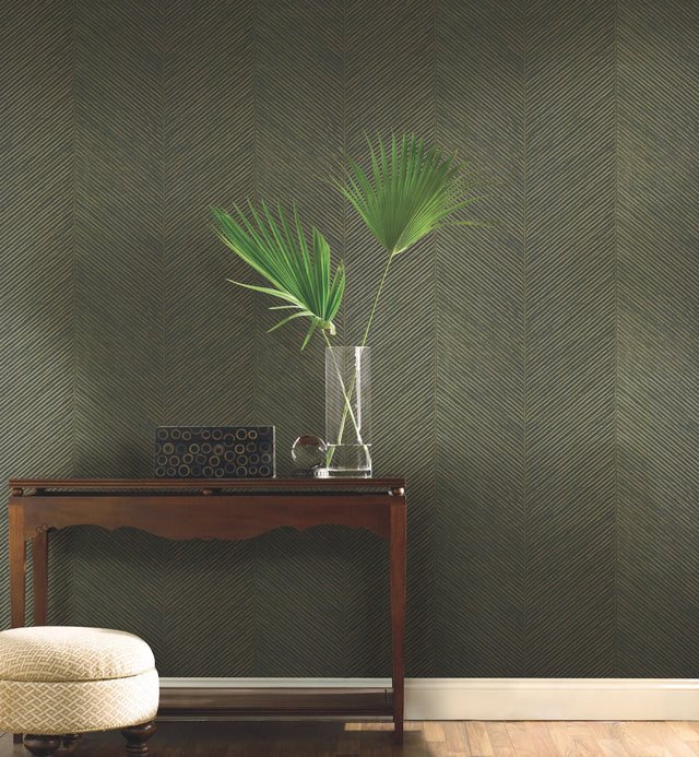 Palm Chevron Green and Gold Non Woven Unpasted Wallpaper with Tropical Palm Leaf Chevron Pattern - York TC2693
