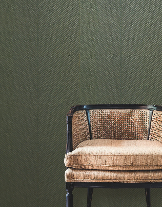 Palm Chevron Green and Gold Non Woven Unpasted Wallpaper with Tropical Palm Leaf Chevron Pattern - York TC2693