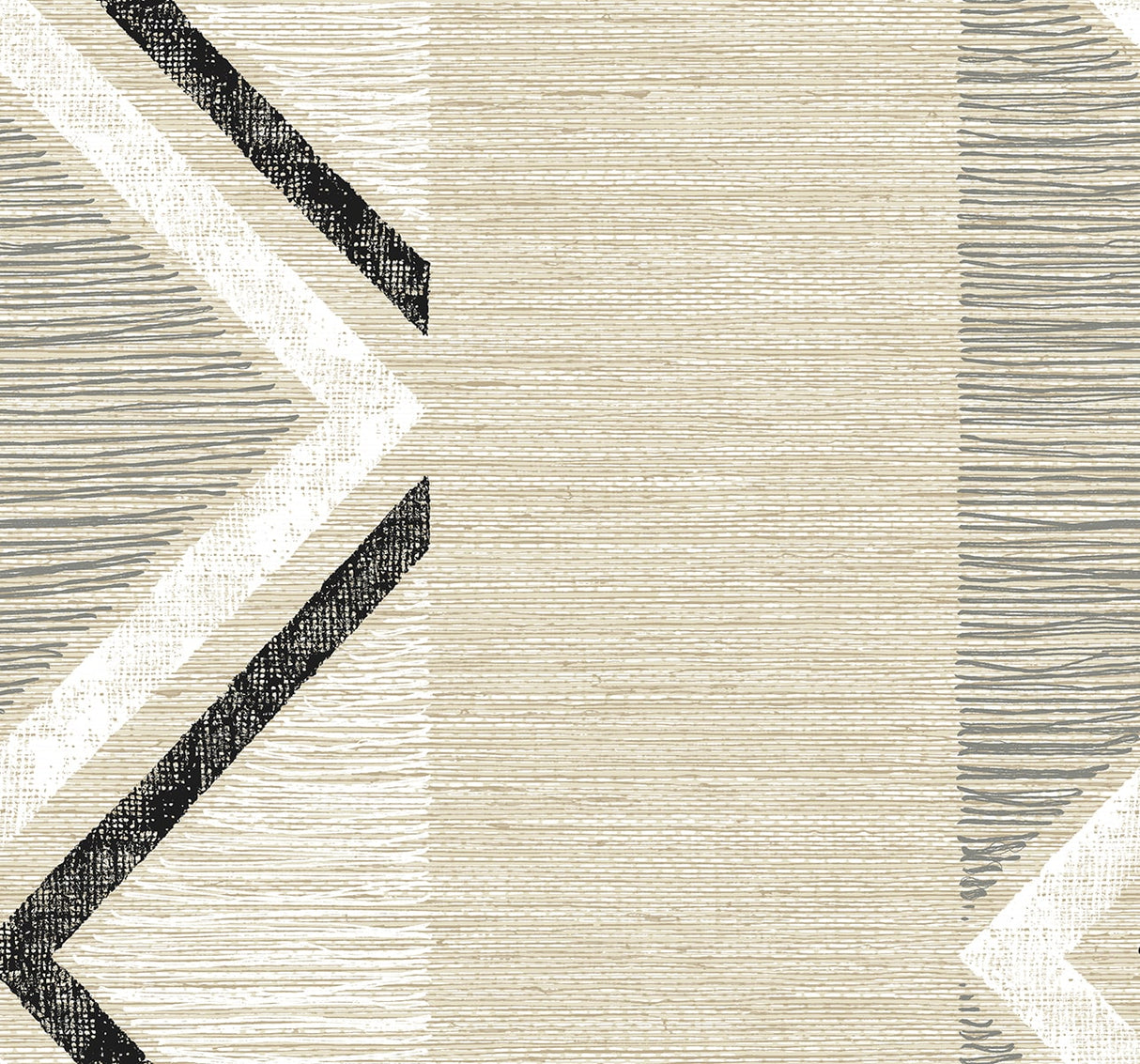 Beswick Chevron wallpaper in Birch Bark with a matte, woven-look ground and large-scale chevron stripes in beige, ivory, and charcoal.