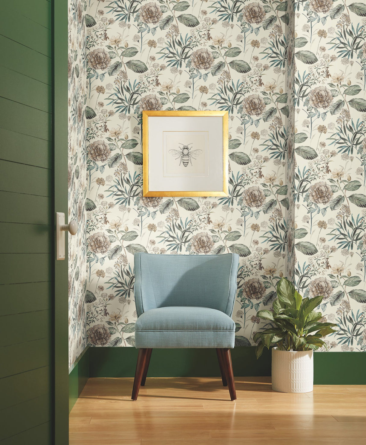 Midsummer Floral Beige & Green Wallpaper with Botanical Handpainted Style - York TL1918