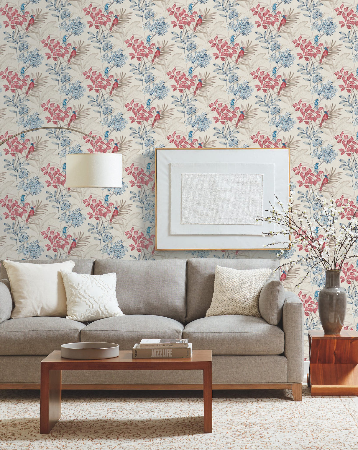 Handpainted Songbird Red & Blue Wallpaper with Animals Pattern, Contemporary Style - York TL1925