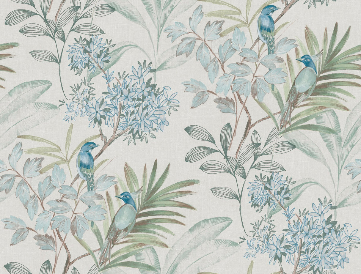 Handpainted Songbird Turquoise Wallpaper with Birds and Botanical Motif - York TL1926