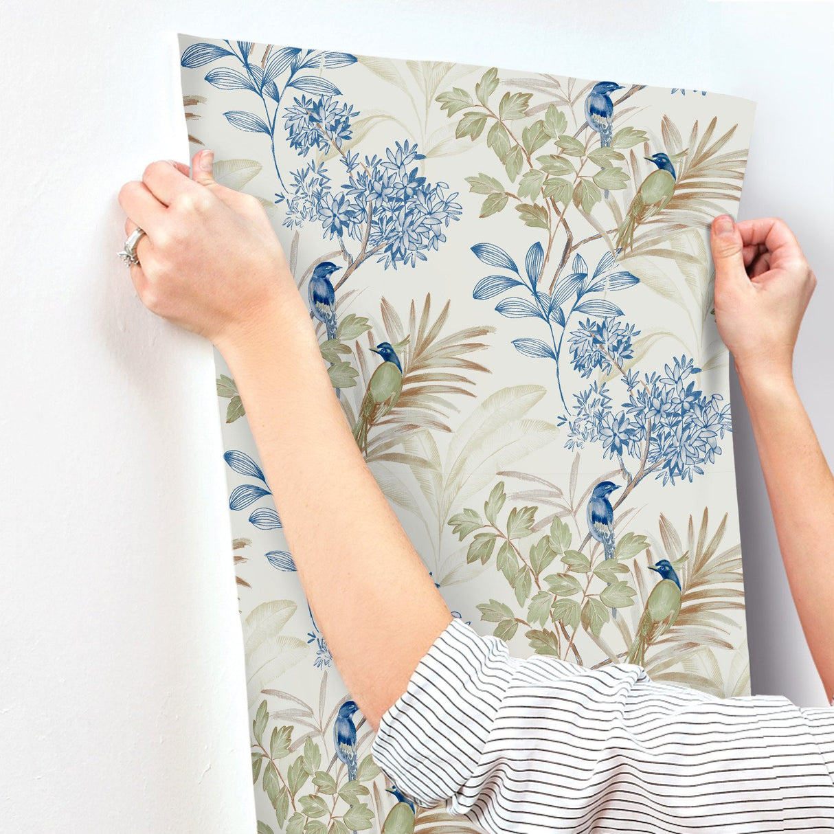 Handpainted Songbird Green & Blue Wallpaper with Birds and Botanical Motif - York TL1928