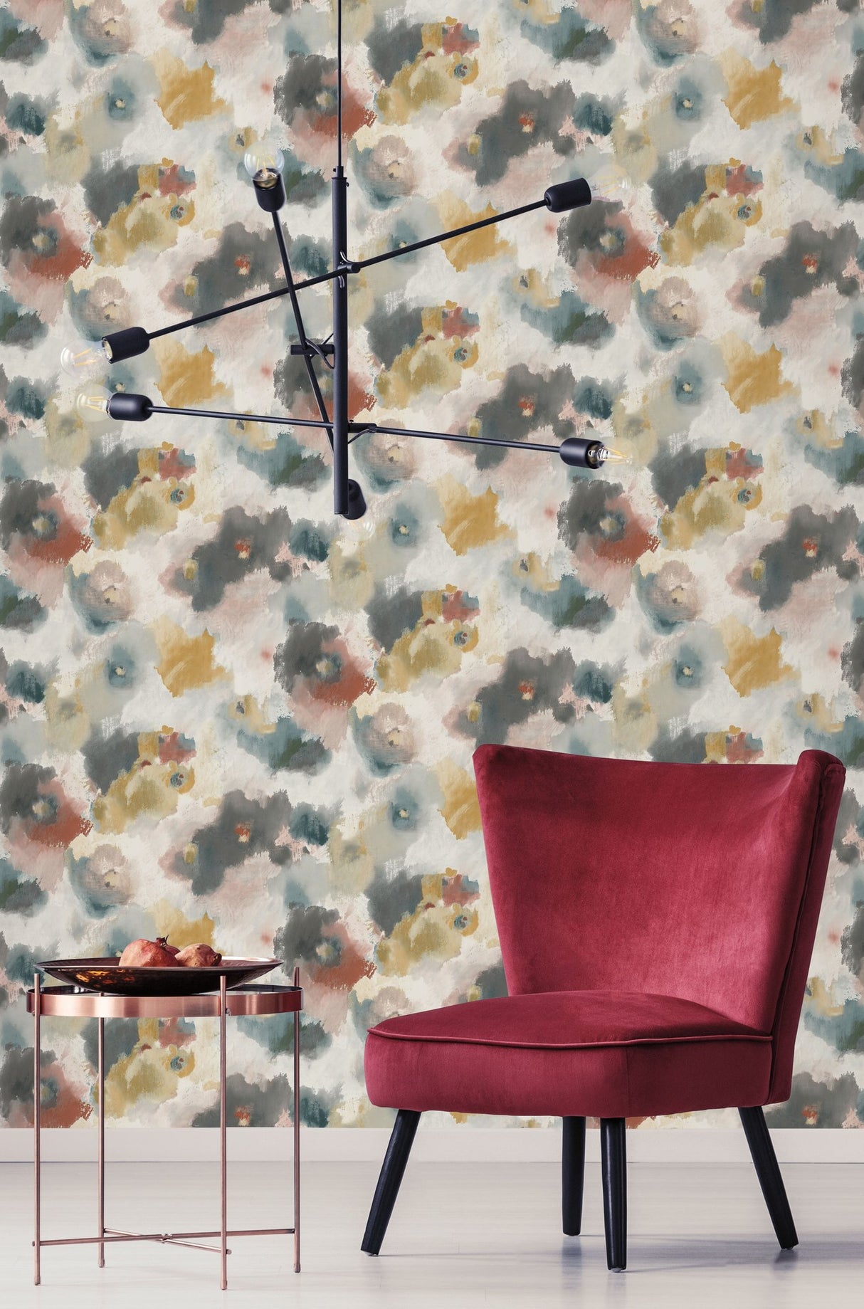 Impressionist Floral Copper & Blue Wallpaper with Modern Art Watercolor Style - York UC3822