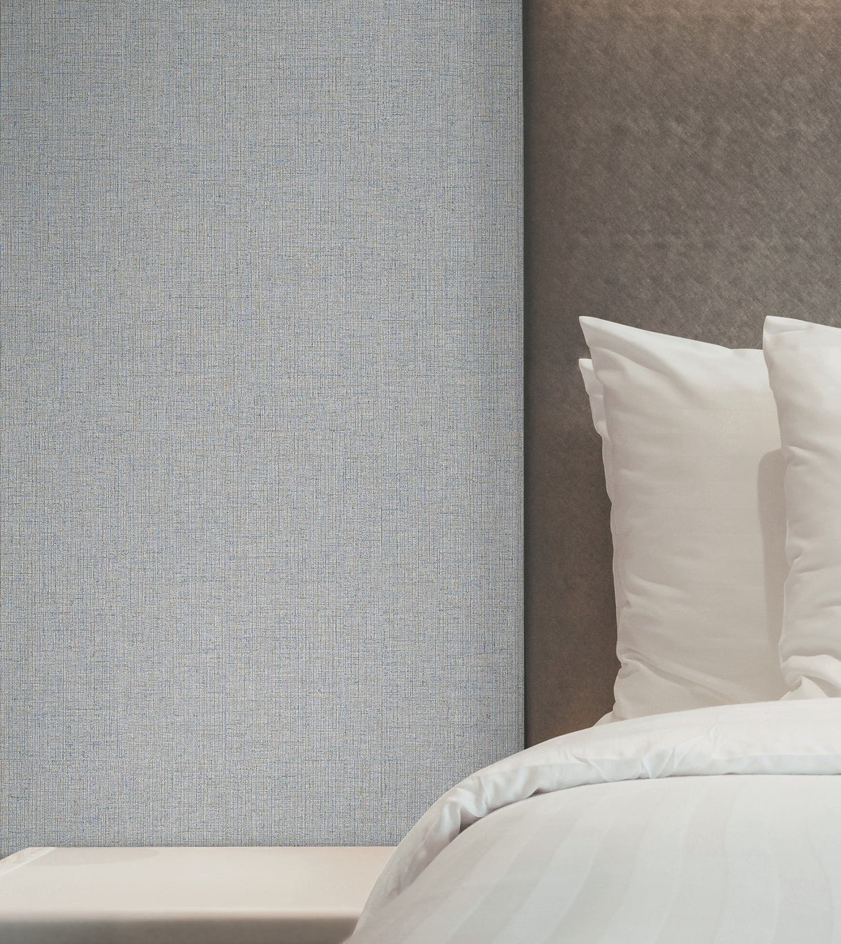 Heathered Linen Light Blue and Grey Faux Woven Fabric Texture Scrubbable Non-Woven Strippable Wallpaper by York Wallcoverings - UW1126